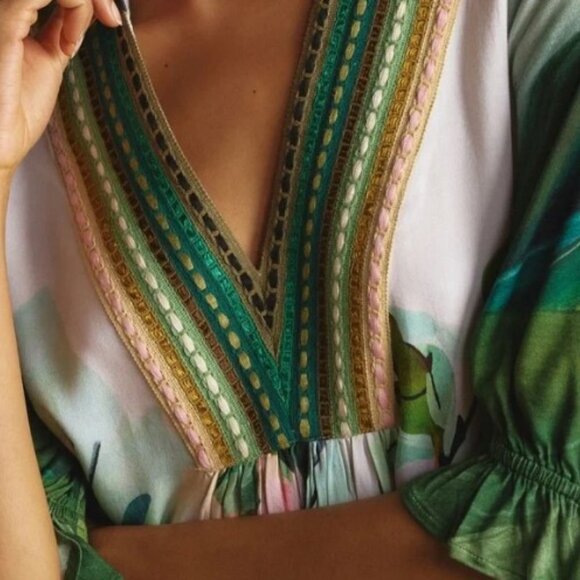 Anthropologie Bl^Nk London Stephanie Top Size XXS Green Floral V Neck Blouse 2 - Picture 5 of 15